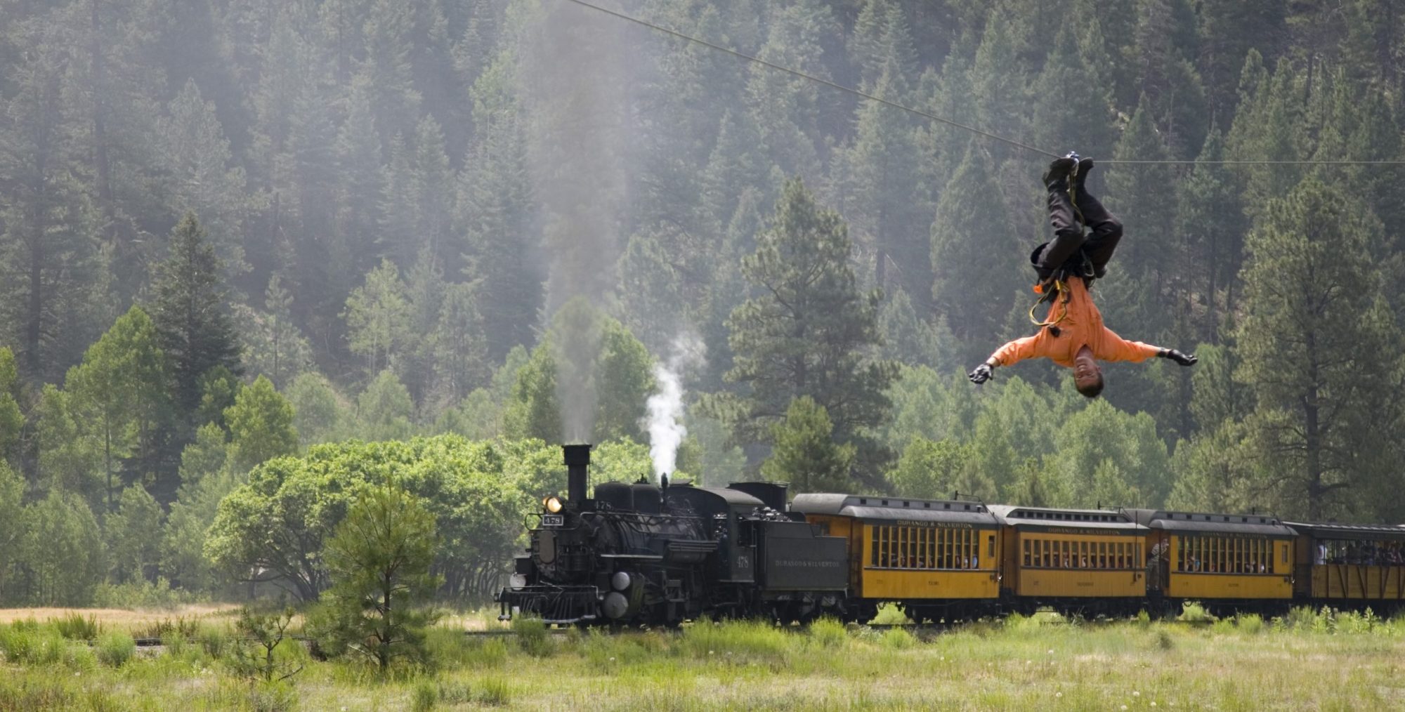 Soaring at Tall Timber Resort a train traveling down train tracks near a forest